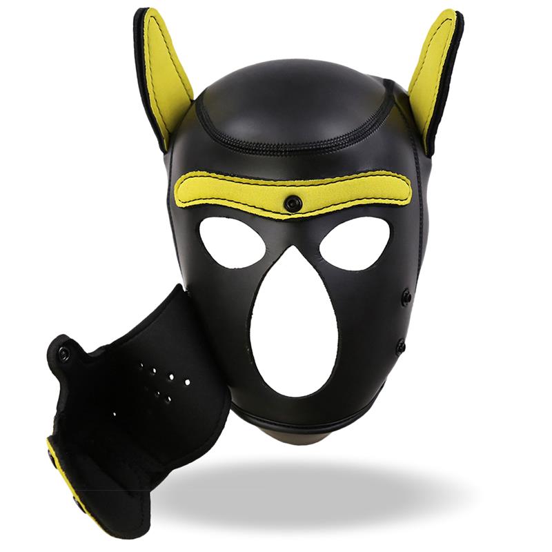 Máscara De Perro De Neopreno Con Hocico Extraíble Negro Y Amarillo Talla L