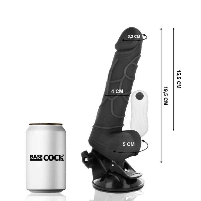 Basecock - Vibrador Realistico Control Remoto Negro Con Testiculos 19.5 Cm -O- 4 Cm