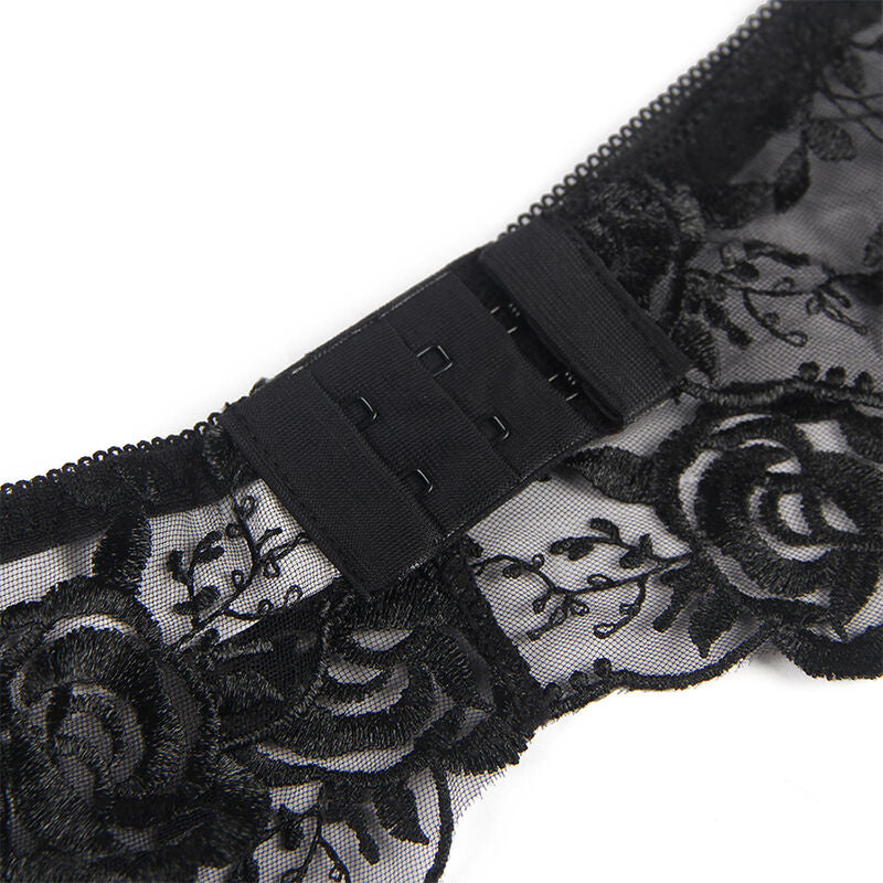 Subblime - Set De 3 Piezas Sujetador + Tanga + Liga Estampado Floral Negro S/M