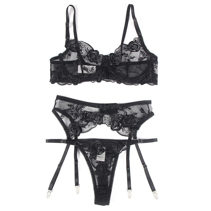 Subblime - Set De 3 Piezas Sujetador + Tanga + Liga Estampado Floral Negro L/Xl