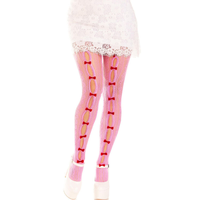 Leg Avenue - Medias Con Aberturas Corazon & Lazos Rosa