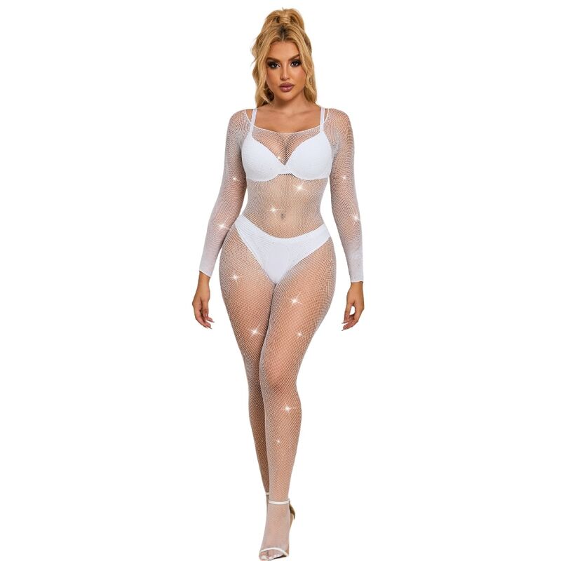 Subblime - 952396 Bodystocking De Rejilla Con Diamantes Manga Larga Blanco Talla Única