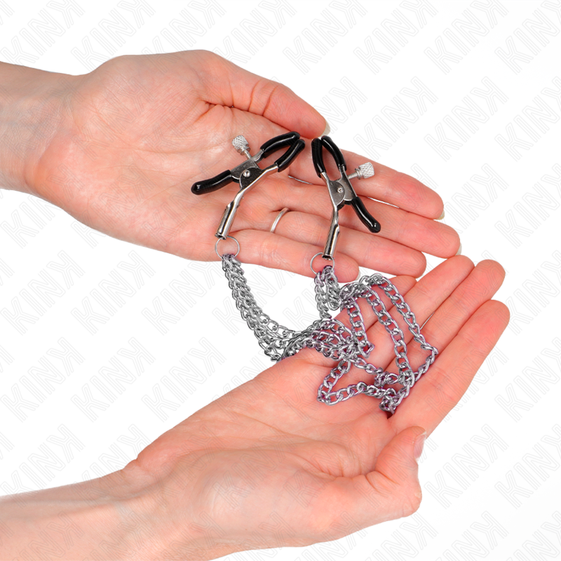Kink - Pinzas Para Pezones Con Triple Cadena Plateado 20/23/28 Cm