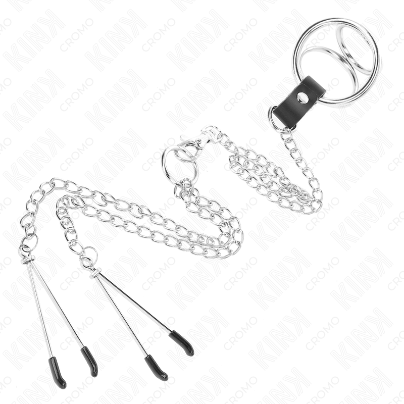 Kink - Anillo Pene Triple Metal Cromado 3 Cm A 4.5 Cm Con Cadena Metal 26 Cm Y Pinzas Para Pezones
