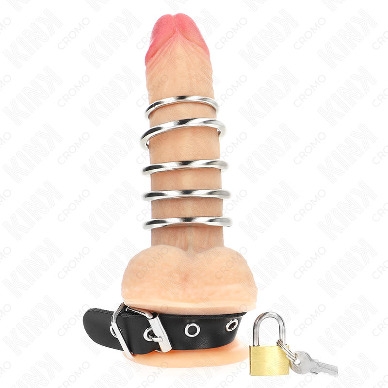 Kink - Anillo Pene Cuero Correa Con Cerradura 21 X 2 Cm Y 5 Anillos Metal De 3 Cm A 4 Cm