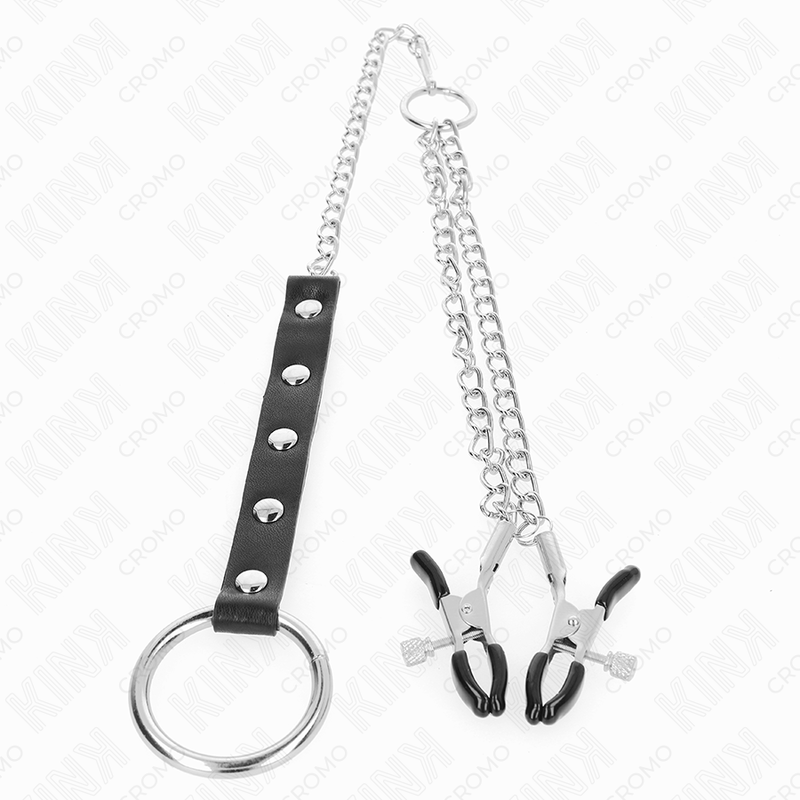 Kink - Anillo Pene Metal Con Cadena Y Pinzas Para Pezones Ajustable
