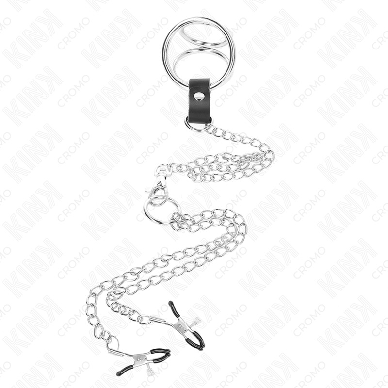 Kink - Anillo Pene Triple Metal Cromado 3.8 Cm A 5 Cm Con Cadena Metal 26 Cm Y Pinzas Para Pezones Modelo 1