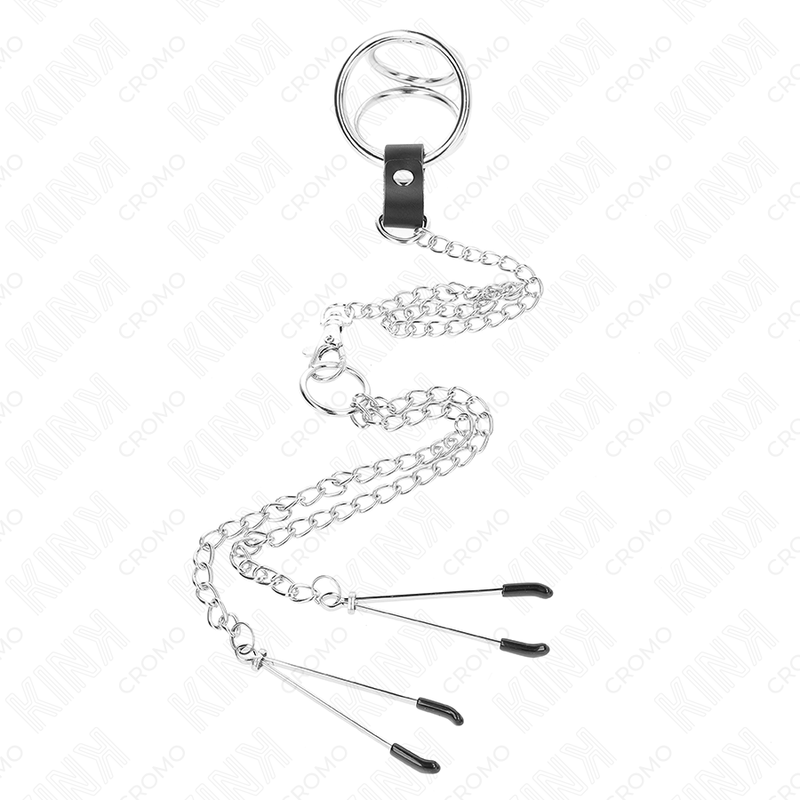 Kink - Anillo Pene Triple Metal Cromado 3.8 Cm A 5 Cm Con Cadena Metal 26 Cm Y Pinzas Para Pezones Modelo 2