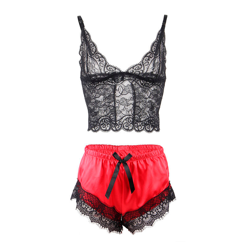 Subblime - 953959 Camisón Informal De Seda + Pantalón Encaje Negro/Rojo S/M