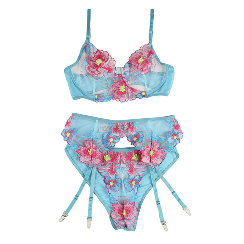 Subblime - 954109 Sujetador + Panties Con Liguero Diseño Floral Azul S/M