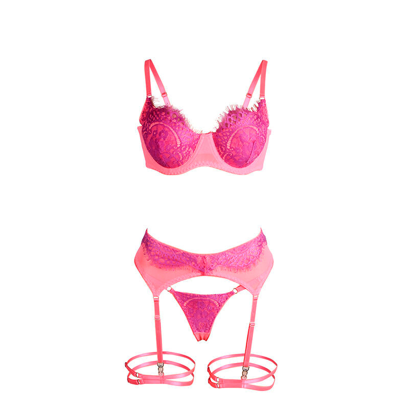 Subblime - 955366 Set Sujetador Con Encaje Y Ligueros Rosa Y Morado L/Xl