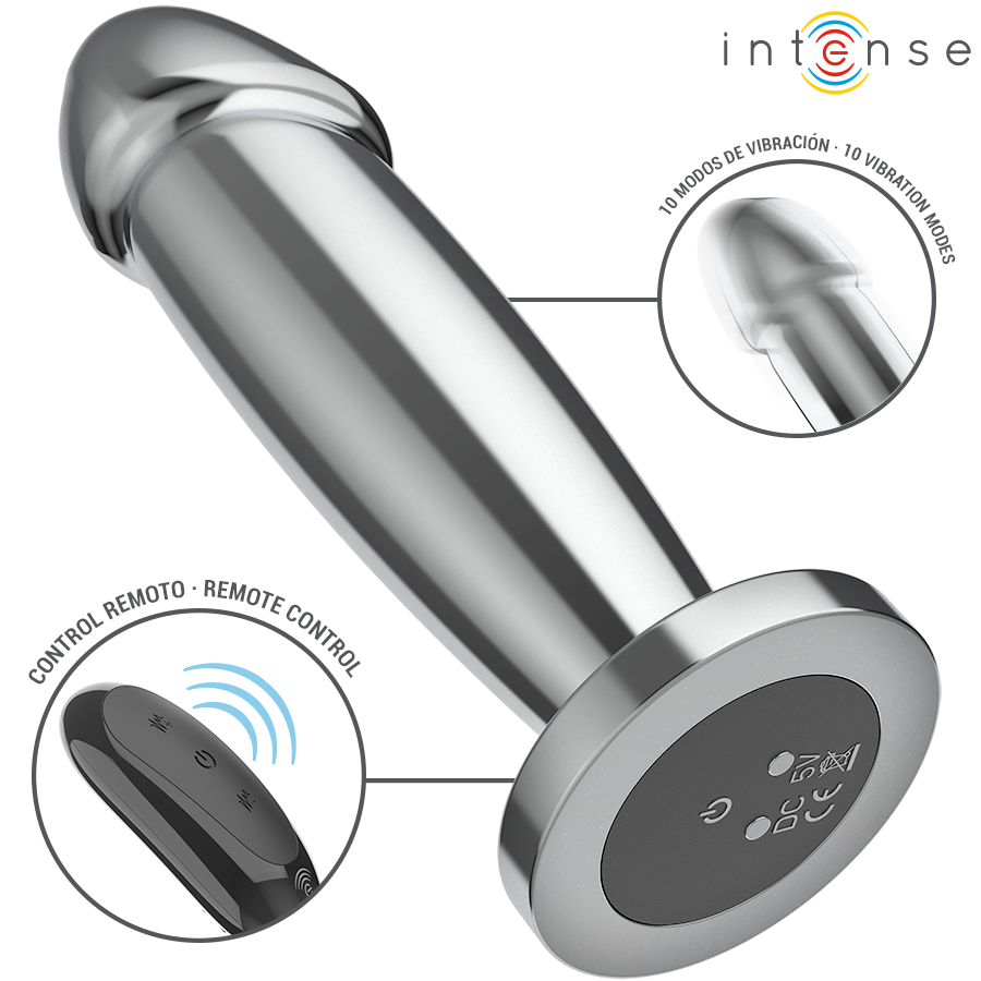 Intense - Plug Anal 10 Vibraciones Metal En Forma De Dildo Con Control Intense - Plug Anal 10 Vibraciones Metal En Forma De Dildo Con Control