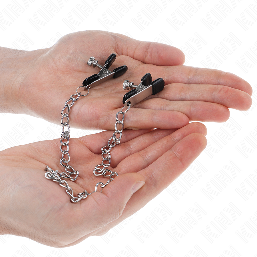 Kink - Pinzas Para Pezones Planas Negro Con Cadena Plateado 34 Cm
