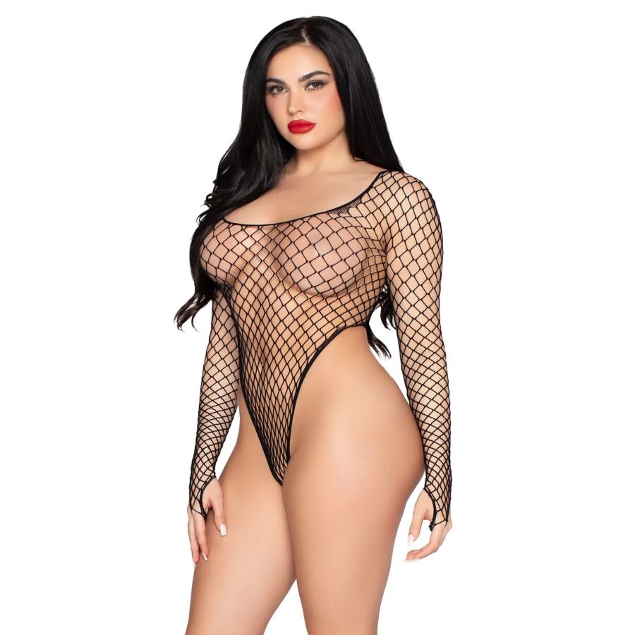 Leg Avenue - 89377 Bodysuit De Red Industrial De Corte Alto Negro - Talla Única