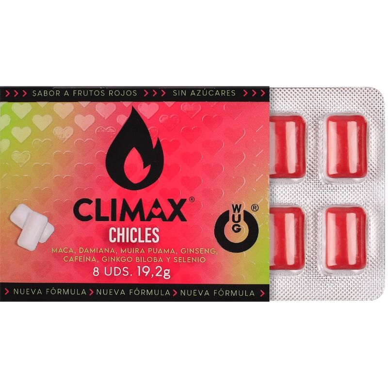 Wug Climax - Chicle Funcional Con Maca, Damiana Y Ginseng Para Potenciar El Deseo Y La Vitalidad Íntima Blister 8 Uds