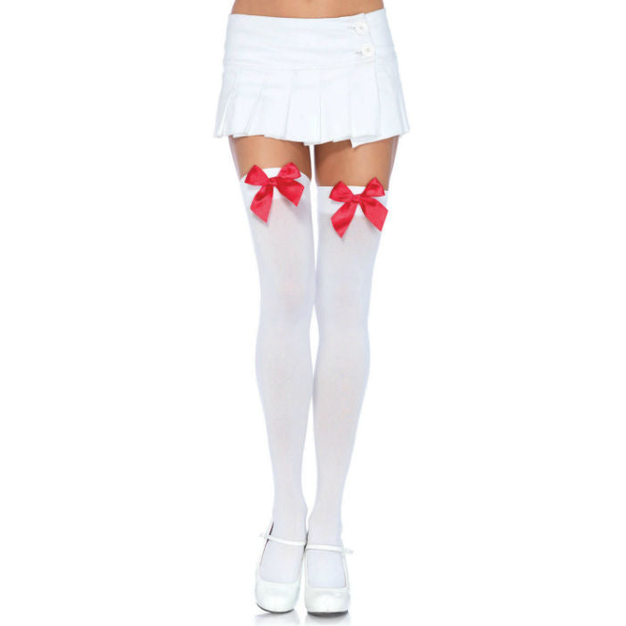Leg Avenue - Medias Nylon Blanco Y Lazo Rojo
