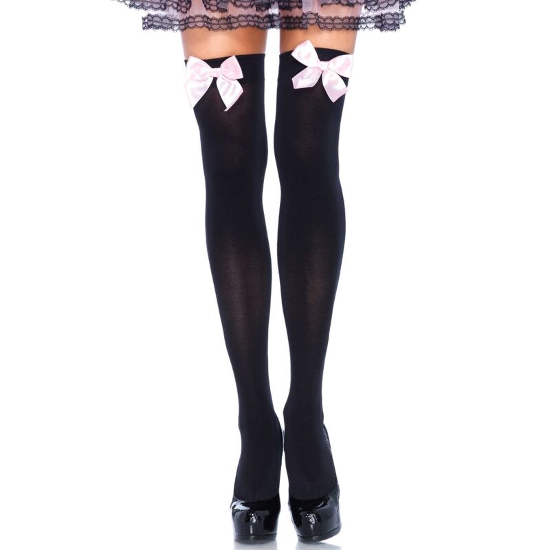 Leg Avenue Medias Opacas Negro Con Lazo Rosa