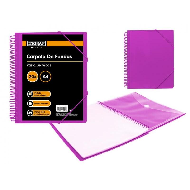 Ingraf Carpeta 20 Fundas Con Sobre Portada - Polipropileno Rigido - Tamaño A4 - Espiral Plastica Indeformable -