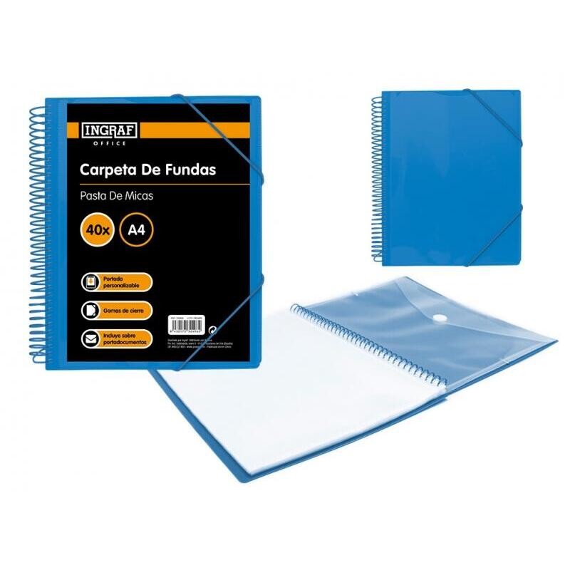 Ingraf Carpeta 40 Fundas Con Sobre Portada - Polipropileno Rigido - Espiral Plastica Indeformable - Apertura 360 Grados
