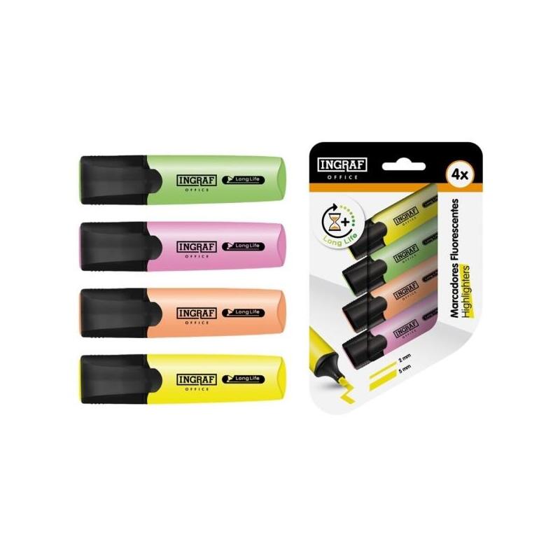 Ingraf Long-Life Pack Con 4 Marcadores Fluorescentes - Punta Biselada - Trazo 2-5mm - Tinta Base De Agua - Colores