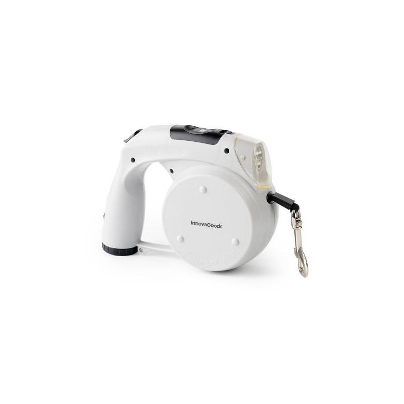 Innovagoods Leashic Correa Retractil 6 En 1 - Luz Led - Reloj - Compartimento De Bolsas Y Comida - Bebedero - Extension