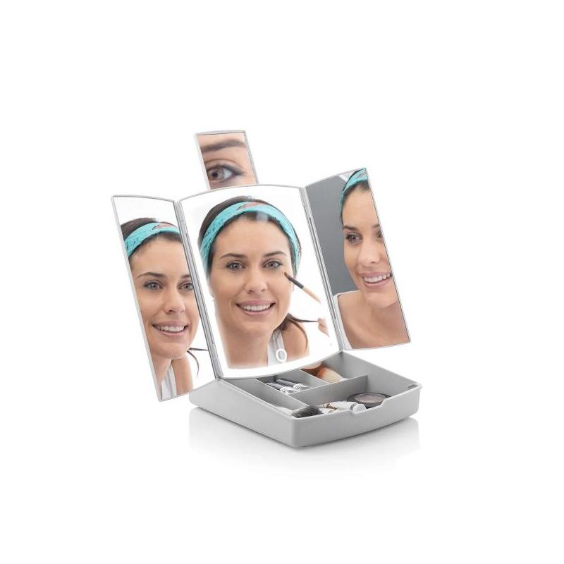 Innovagoods Panomir Espejo Con Organizador De Maquillaje 3 En 1 - Inalambrico - Luz Led - 4 Compartimentos - Plegable -