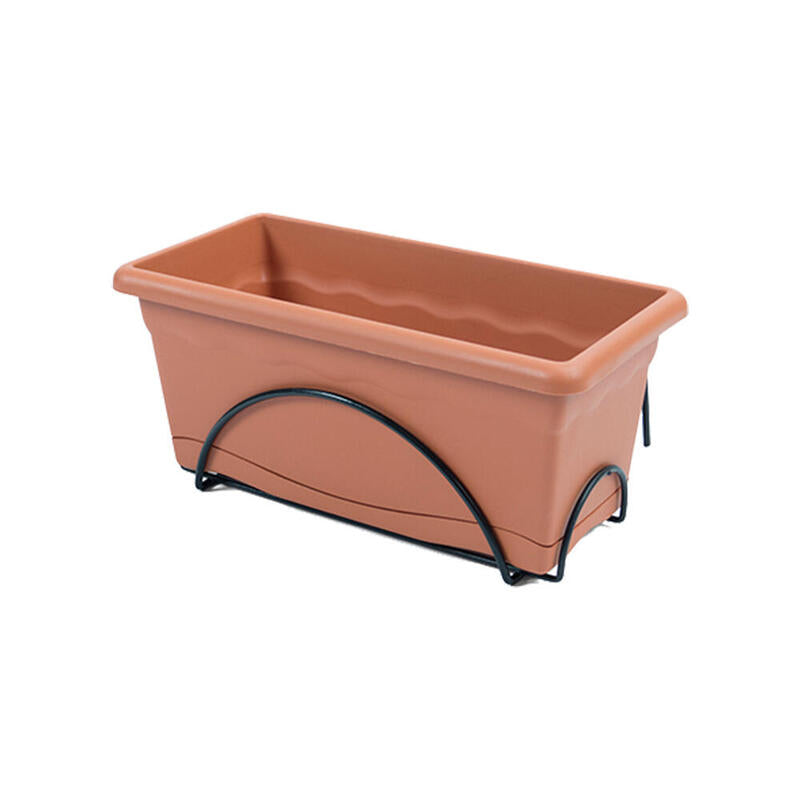 Jardinera Con Plato Integrado 40x24cm + Soporte Metalico. Color Terracota