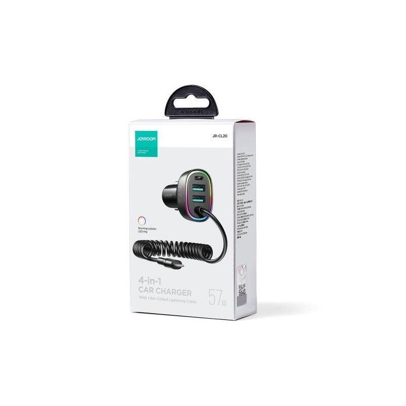 Joyroom Car Charger 4-In-1, C+C+U+U With Type-C Coiled Cable 1.6m, 57w, Black (Jr-Cl20)