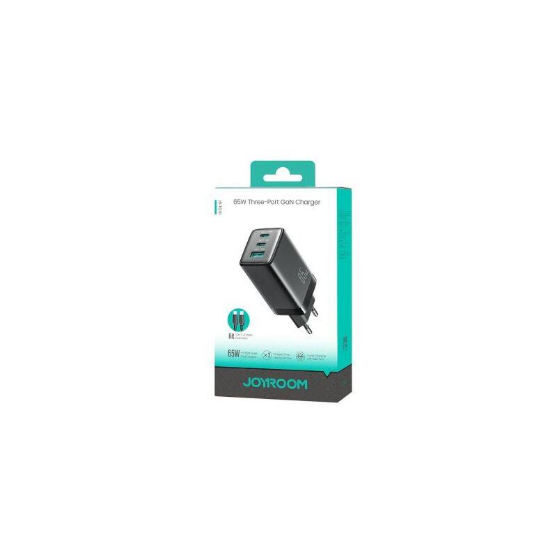 Joyroom Travel Charger Gan Fast Charger C+C+U, Pd 65w With Type-C To Type-C Cable (1.2m), Black (Jr-Tg10)