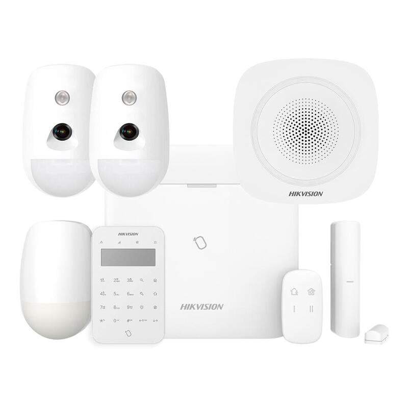 Kit Axpro 868mhz 96 Zonas Hikvision Panel + 2 Pircam + Pir + Mando + Teclado Lector De Tags + Contacto + Sirena