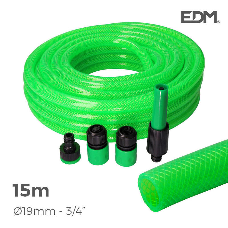Kit Manguera Jardin Anti-Torsion Ø Interior 19mm Ø Exterior 25mm (3/4") - Rollo 15m Con Accesorios Edm