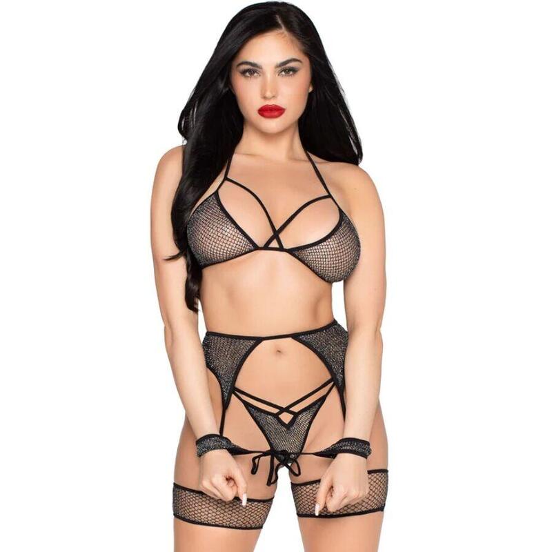 Leg Avenue - 89362 Set Top + Tanga + Liguero + Esposas Negro - Talla Única