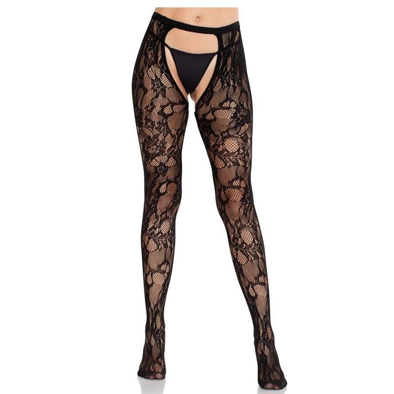 Leg Avenue - Medias De Encaje De Rosas Con Parte Trasera Abierta Negro