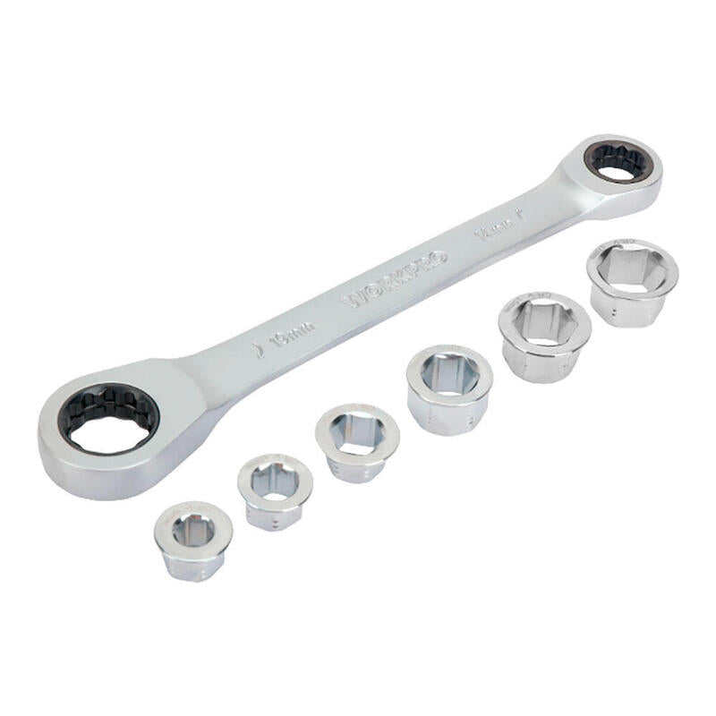 Llave De Estrella Cr-V Doble Con Carraca, 6 Bocas Intercambiables, 14 X 19 Mm, 7 Piezas