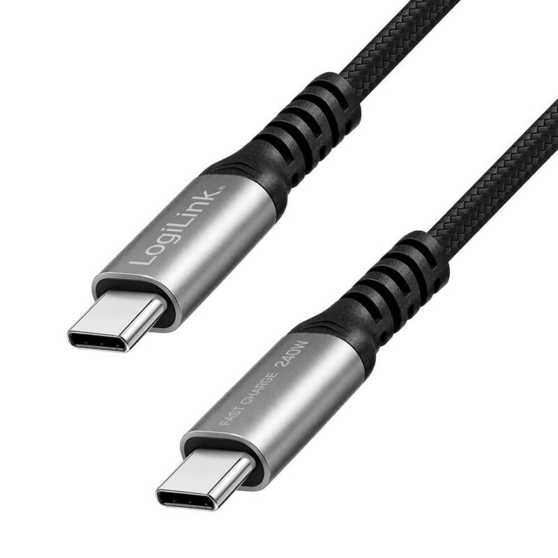 Logilink Usb 2.0 Type-C Cable, C M To C M, 480 Mbps, 240w, Nylon,Metal,Negro Plata, 1 M