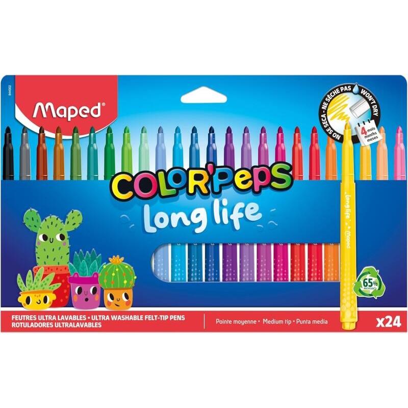 Maped Color`Peps Longlife Pack De 24 Rotuladores Con Punta Media Bloqueada 3.7mm - Tinta Lavable - Colores Surtidos