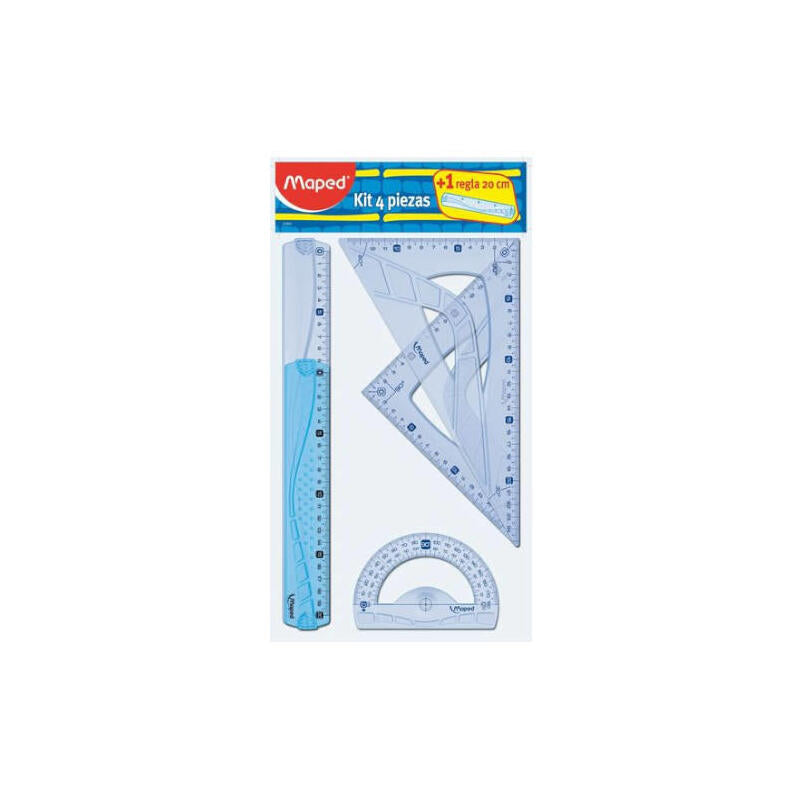 Maped Reglas Kit 5 Piezas- Regla 30cm Y 15 Cm, Escuadra 20cm, Cartabón 25cm Y Trasportador Colores Surtidos