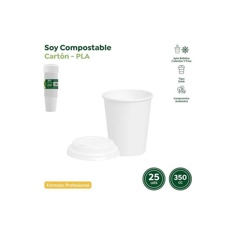 Maxi Products Vaso 350cc Cartón Tapa Drink Blanco Pack 25 Ud