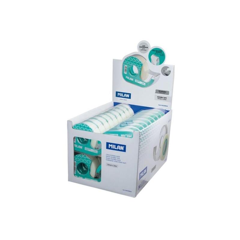 Milan Expositor De 36 Cintas Adhesivas Invisibles Con Dispensador - Medidas 19mm X 33m - Transparente Mate