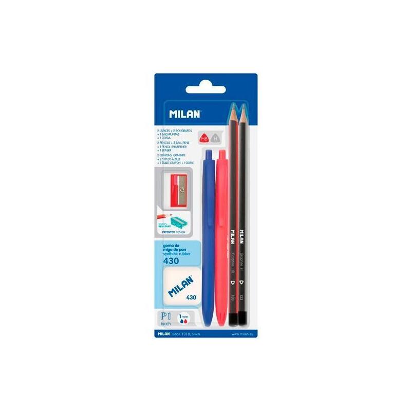 Milan Set 2 Bolígrafos P1 + 2 Lápices Grafito Hb/H + Goma 430 Y Sacapuntas Blíster
