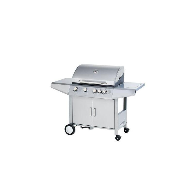 Muvip Barbacoa Gas Inox 5 Fuegos - Estructura Acero Inoxidable - 4 Fuegos Centrales + 1 Fuego Lateral - Rejillas Esmaltadas - Bandeja Lateral - Asa Tacto Frio - Ruedas Transporte - Color Plateado