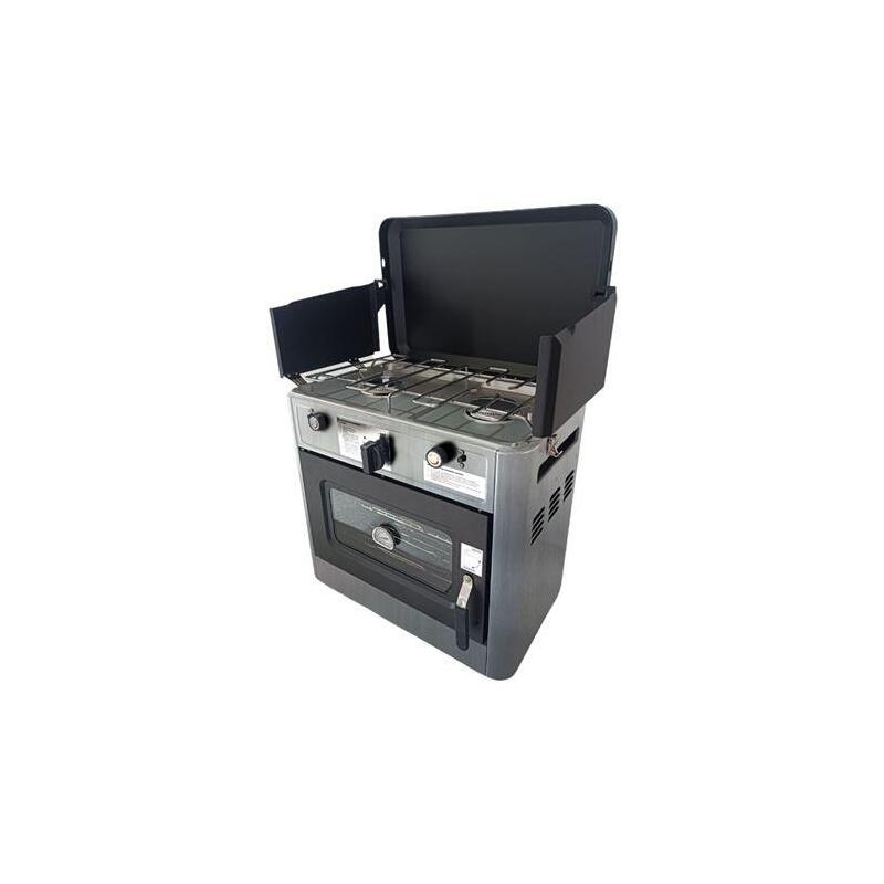 Muvip Cocina De Gas Con 2 Fuegos - Tapa Protectora - Horno De 15 Litros - Sistema De Seguridad - Pantalla Paraviento -