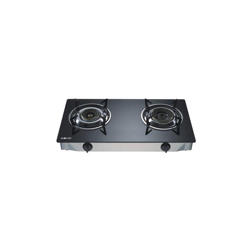 Muvip Cocina De Gas Inox 2 Fuegos - Cristal Templado - Encendido Piezoelectrico - Quemador De Hierro Fundido Desmontable
