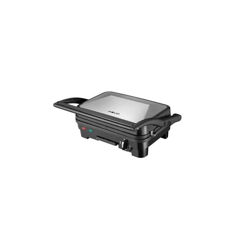 Muvip Sandwichera Inox 1800w - Placas Antiadherentes Reversibles Grill, Lisa - Selector De Temperatura - Placa Superior Basculante - Asas Tacto Frio