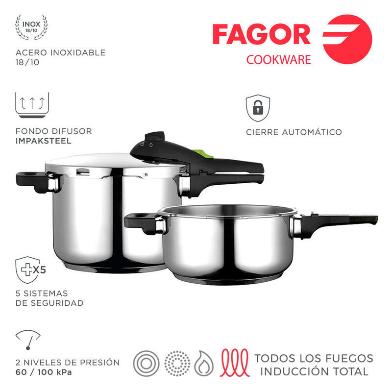 Olla Super Rápida Rapid 4+6 L Inox 18/10 Fagor 4l Ø22x12cm 6l Ø22x17cm
