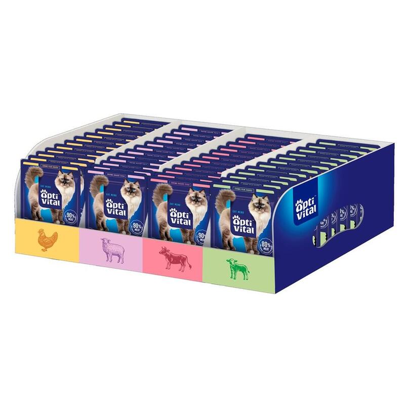 Optivital Bolsitas Para Gatos 112 Bolsitas - 4 Sabores. Con Pollo, Cordero, Res, Ternera - Caja Mixta 112x85g