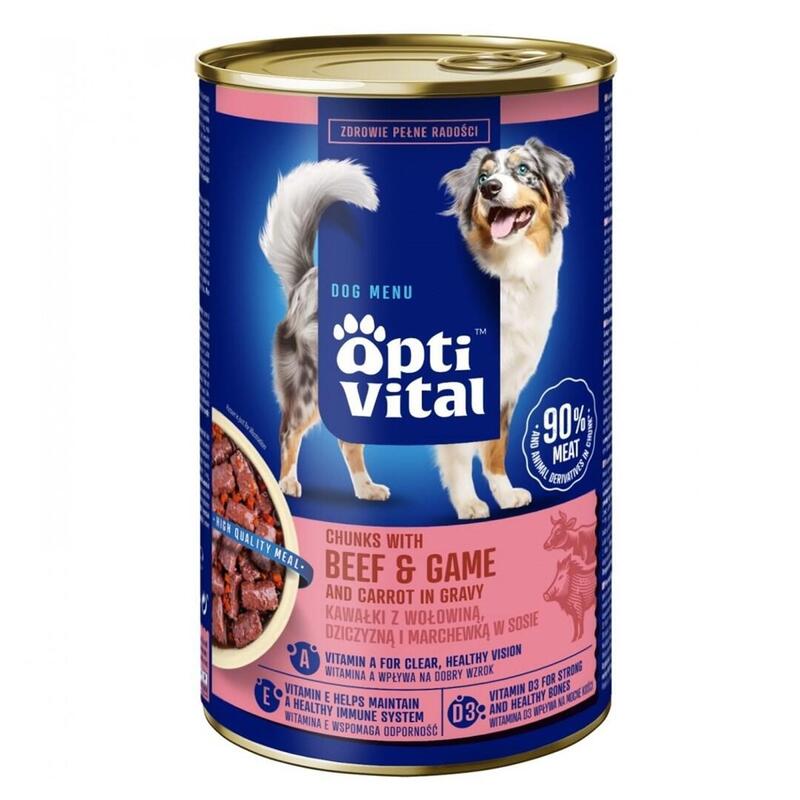 Optivital Lata - Trozos Jugosos Para Perros Adultos Con Carne De Res Y Venado En Salsa 1250g