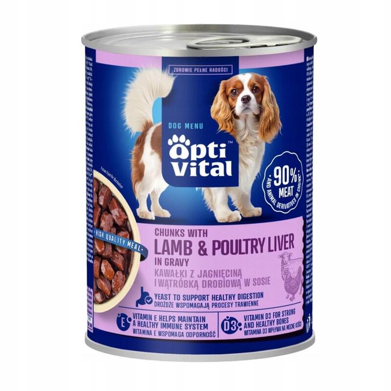 Optivital Lata - Trozos Jugosos Para Perros Adultos Con Hígado De Cordero Y Pollo En Salsa 415g