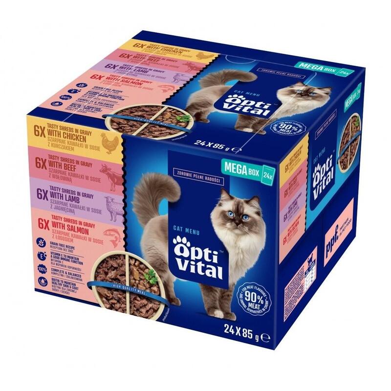 Optivital Pouches - Alimento Completo Para Gatos Adultos. Con Pollo, Ternera, Cordero Y Salmón 24x85g