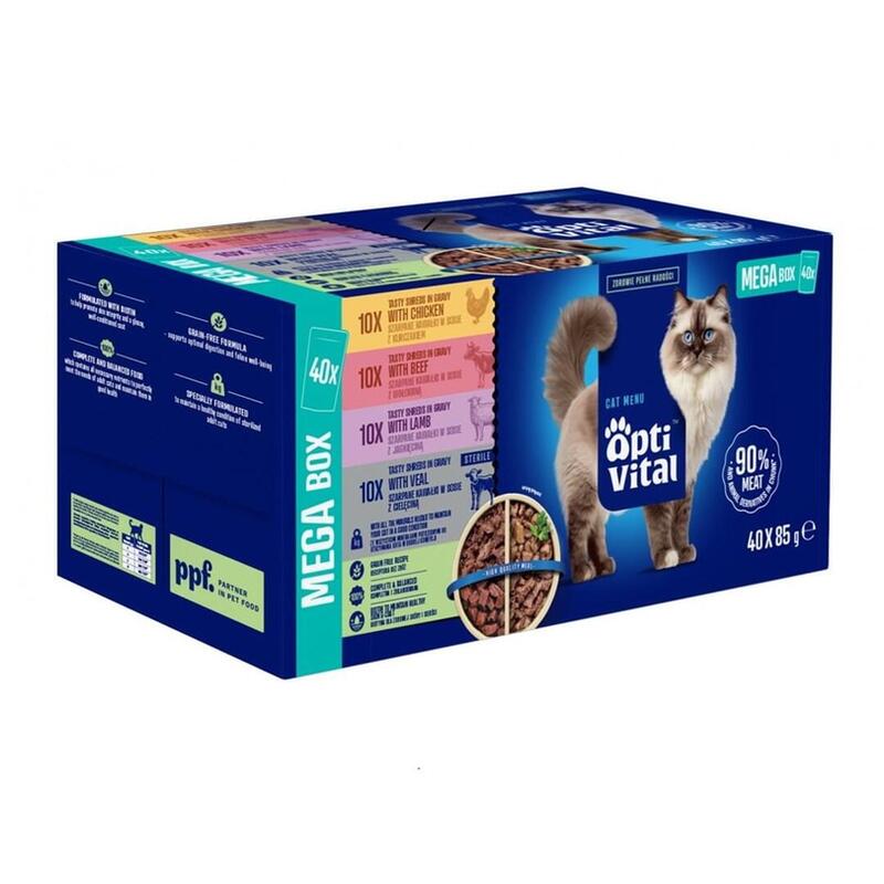 Optivital Pouches - Alimento Completo Para Gatos Adultos. Con Pollo, Ternera, Cordero Y Ternera 40x85g